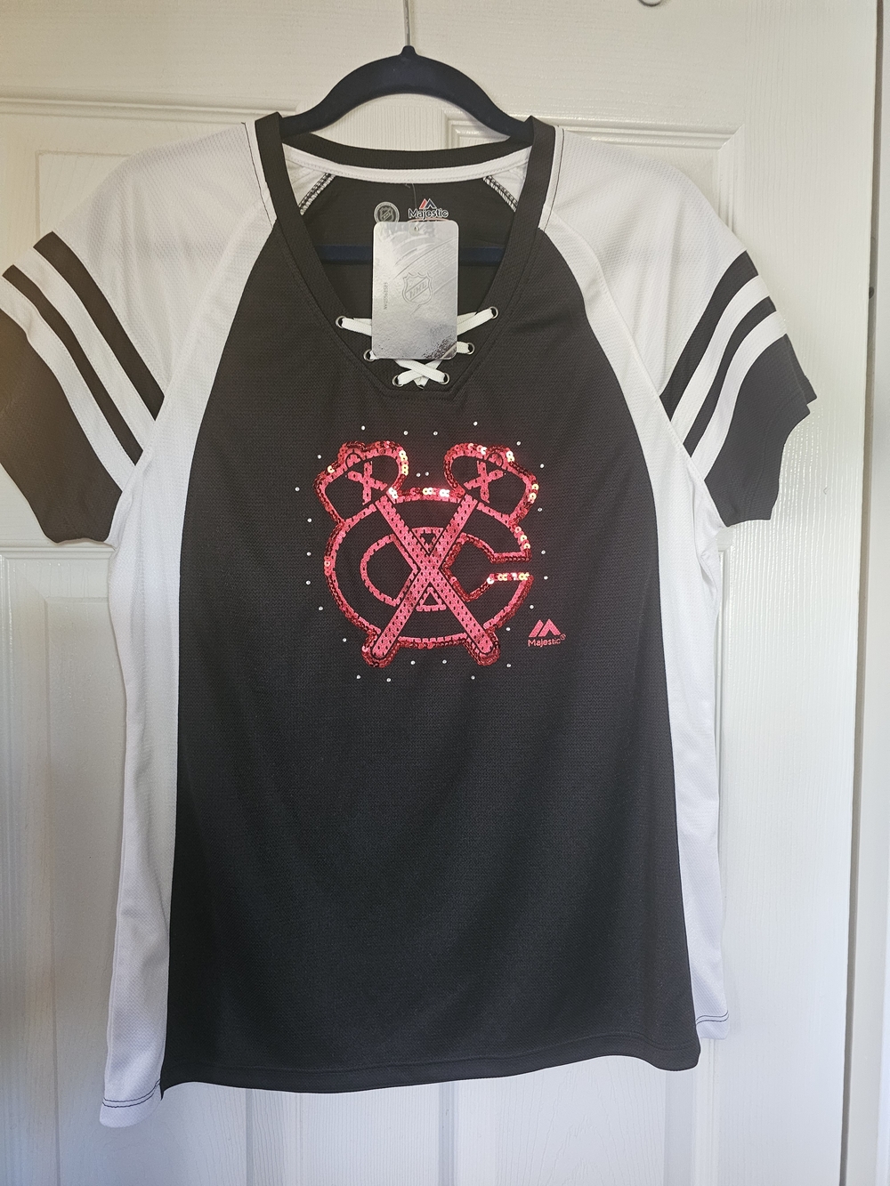 Majestic Black & White Lace-Up Raglan Tee with Red Sequin Graphic